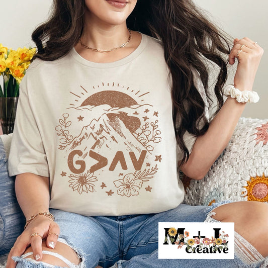 God is Greater Mountain Brown Ink