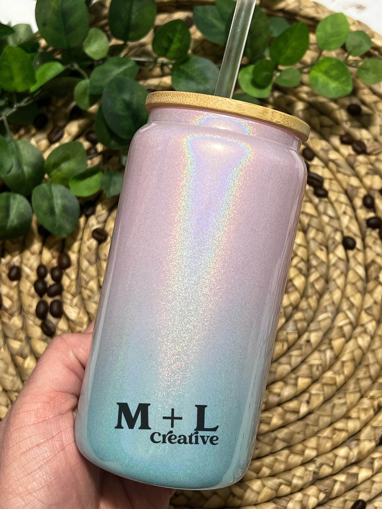 Pink/Blue Sparkle 16oz Glass Can