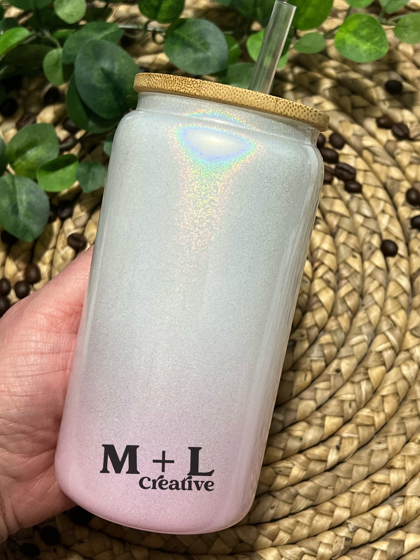 Pink/White Sparkle 16oz Glass Can