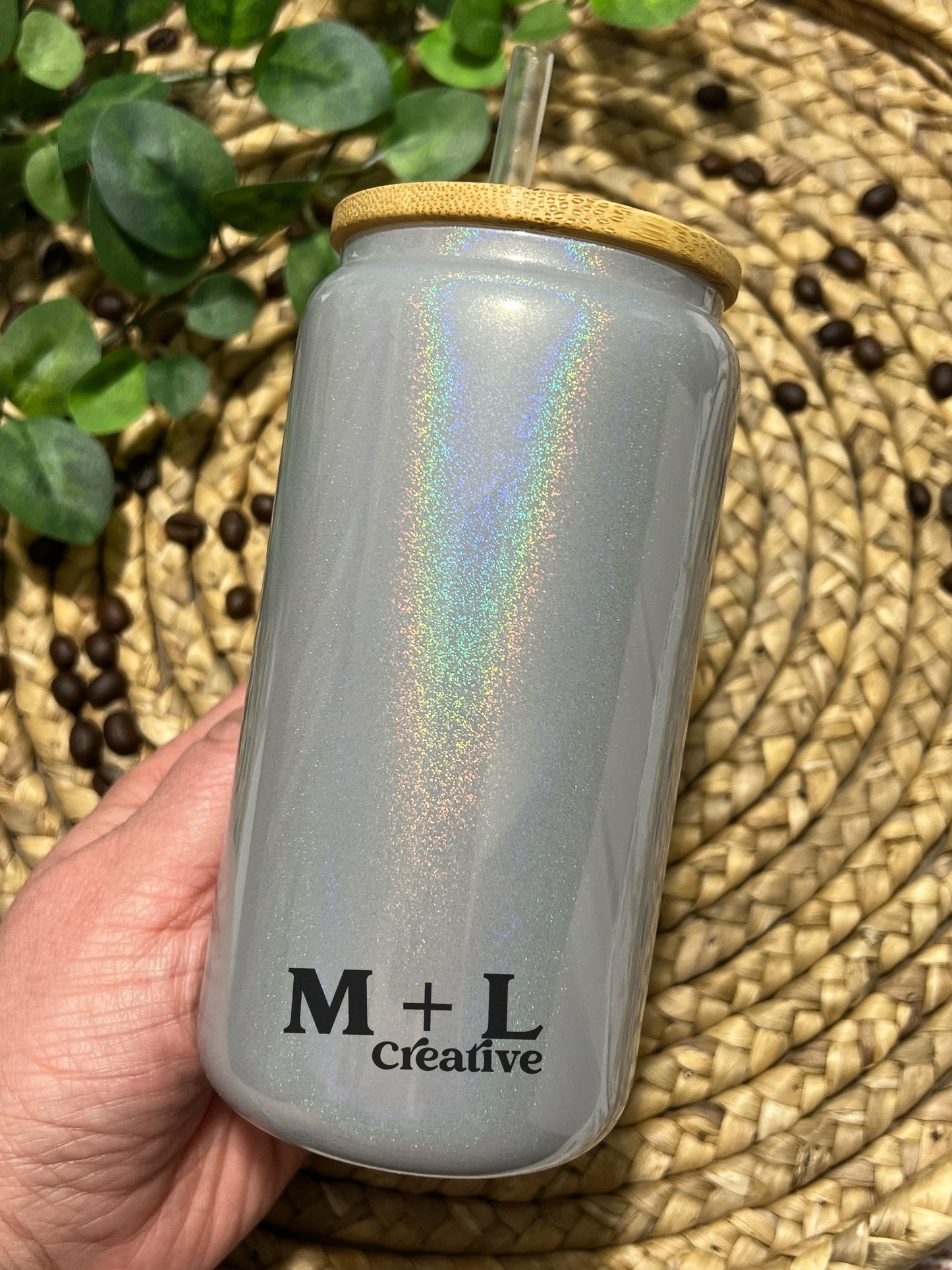 Grey Sparkle 16oz Glass Can