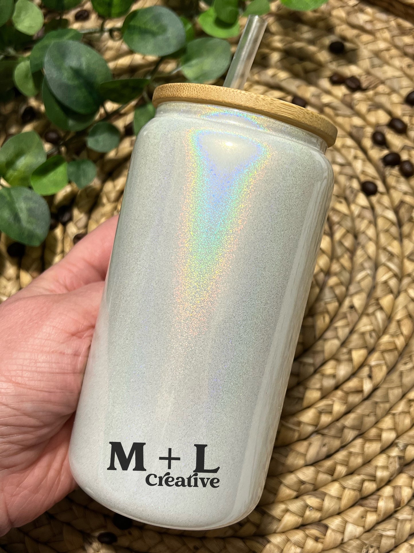 White Sparkle 16oz Glass Can