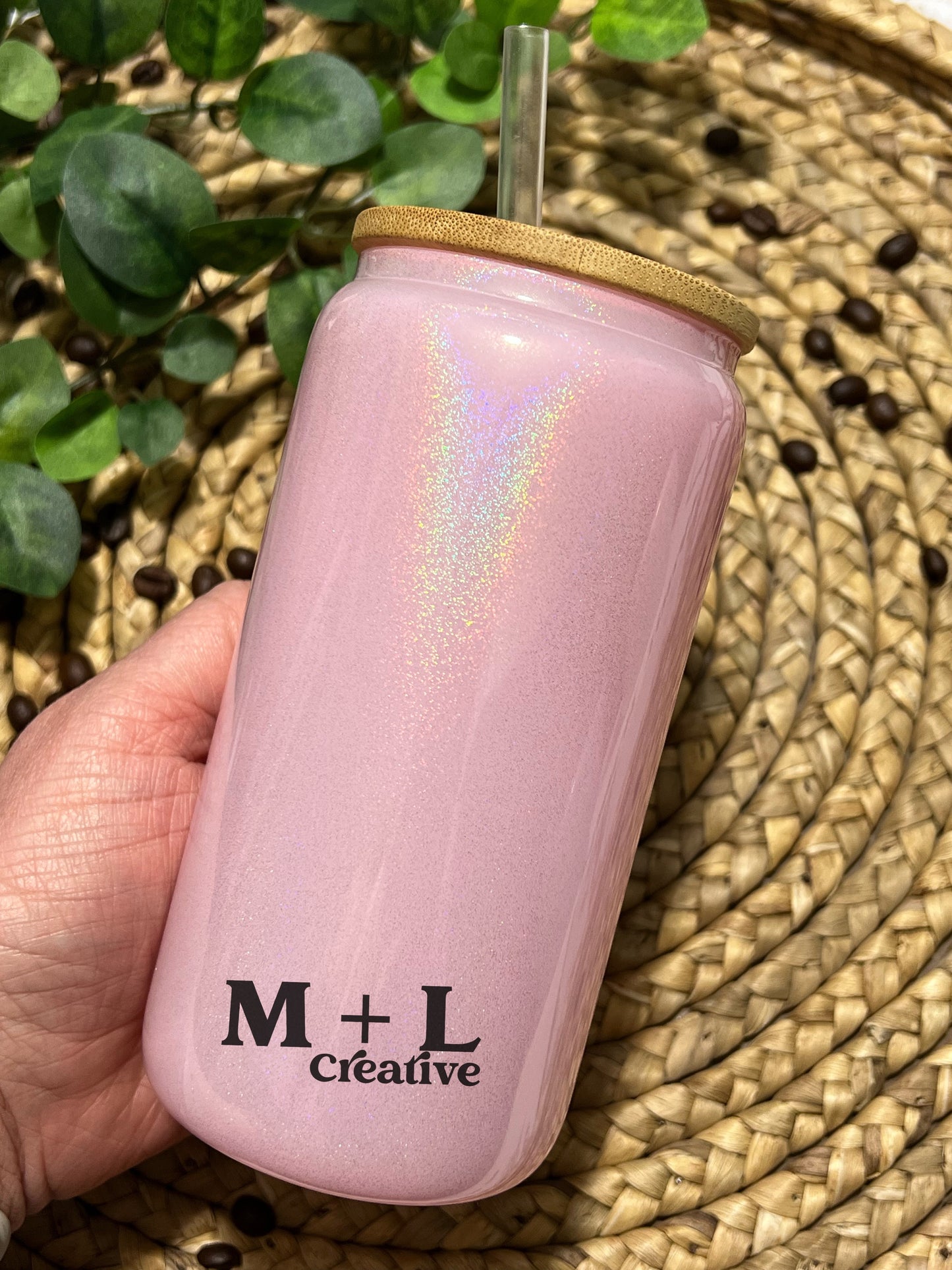 Pink Sparkle 16oz Glass Can